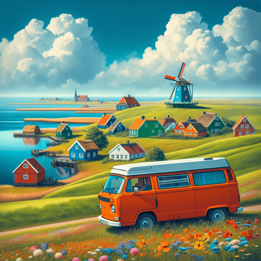 Bright camper amidst Danish landscapes and colourful windmills