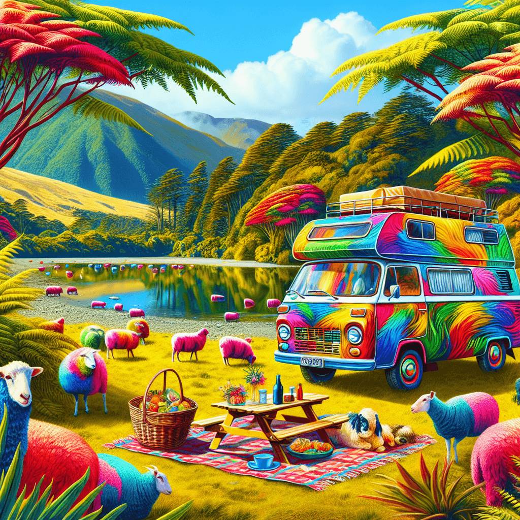 Colorful camper van in sunny Dunedin landscape with grazing sheep