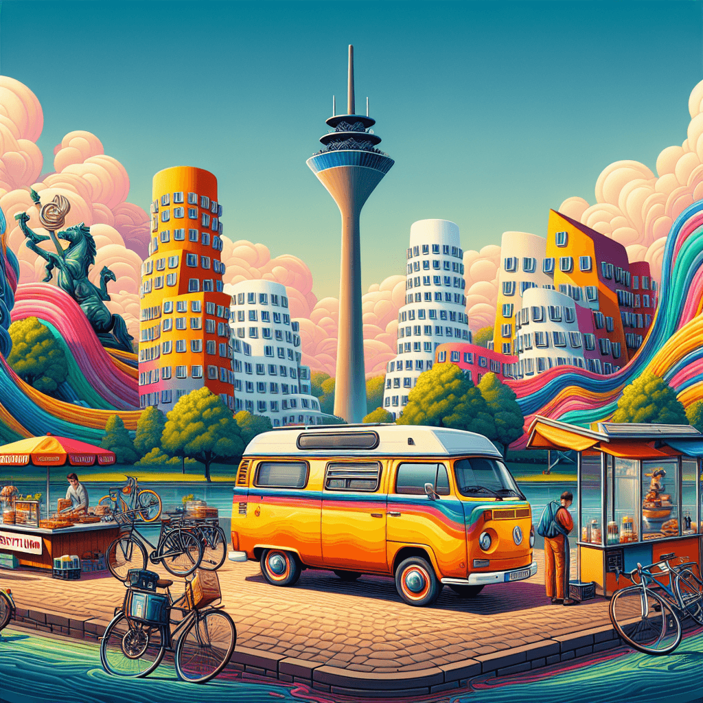 Campervan in colorful Dusseldorf setting, currywurst stand, cycling locals
