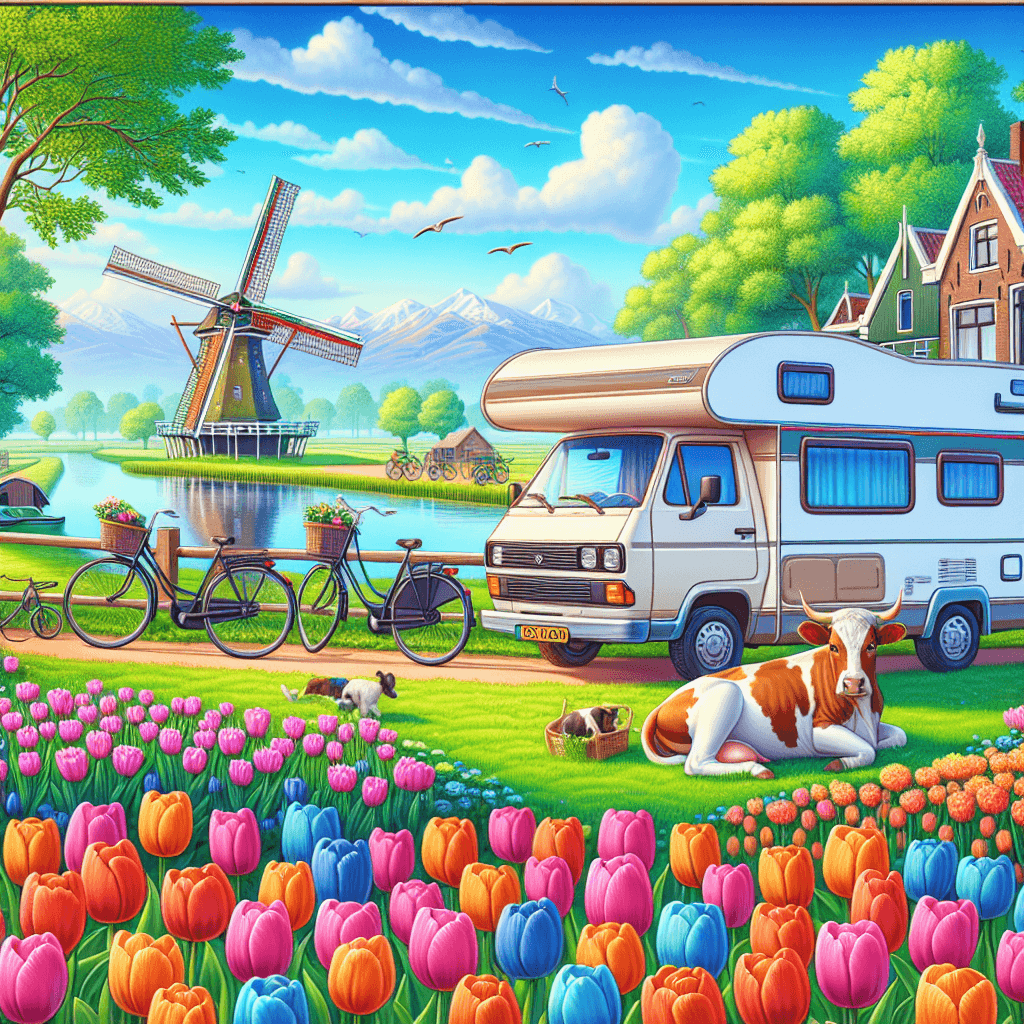 Campervan idyllically settled in tulip-laden Dutch landscape