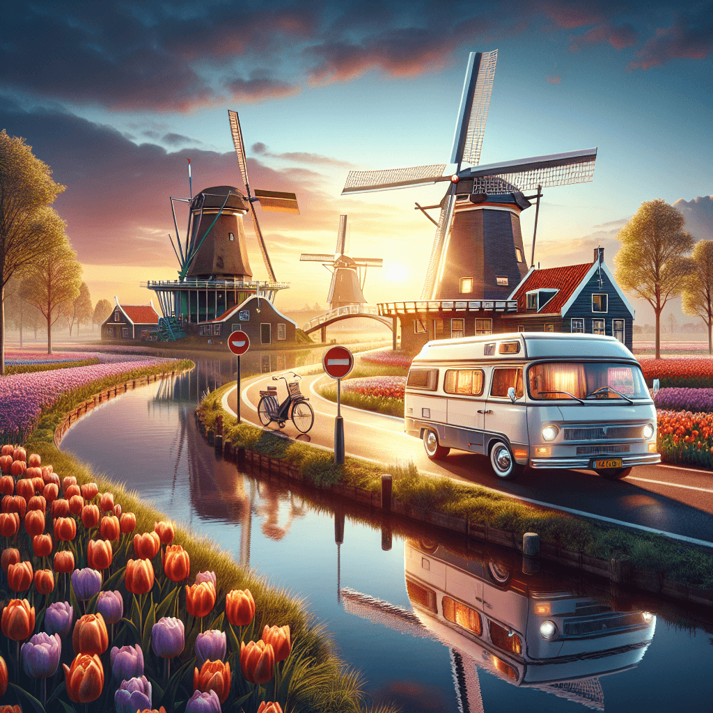 Campervan at sunset by Dutch windmill and tulip field