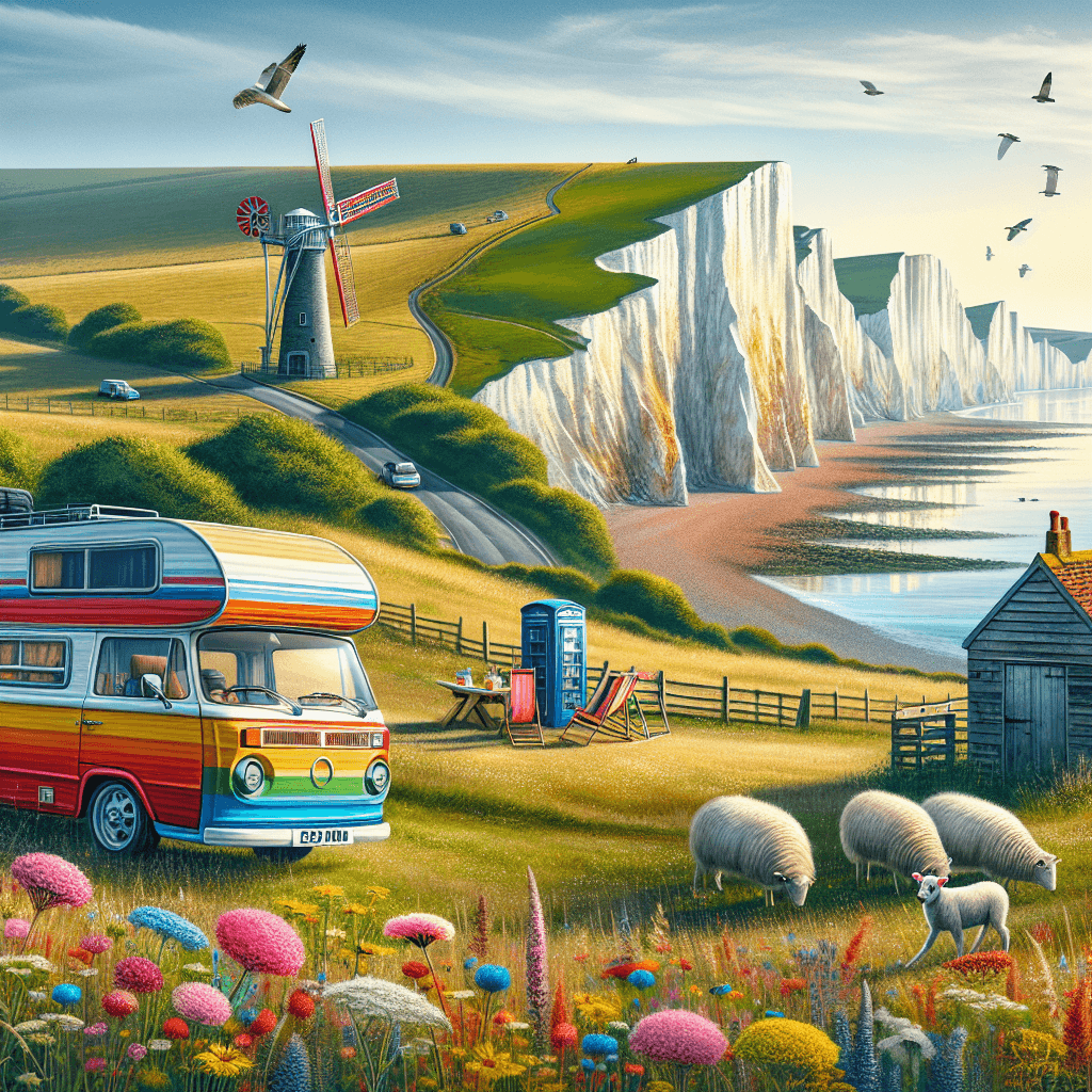 Inviting camper amidst Seven Sisters Cliffs, windmill, telephone box