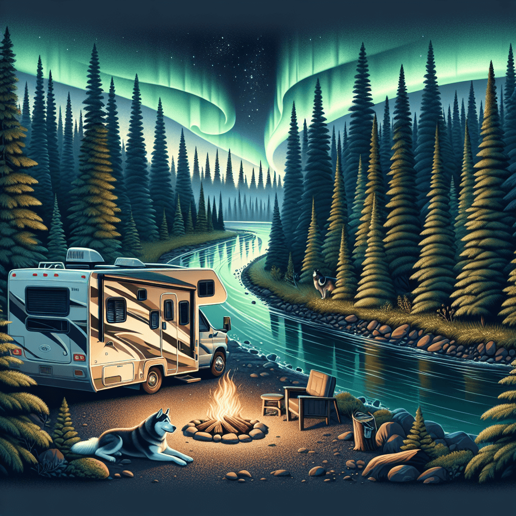 RV in Fairbanks surrounded by lush pines, river and northern lights
