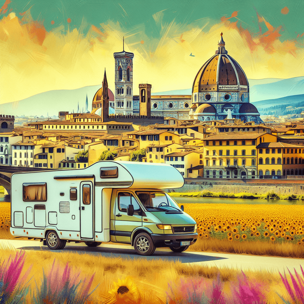 Campervan near Ponte Vecchio bridge and sunflower field