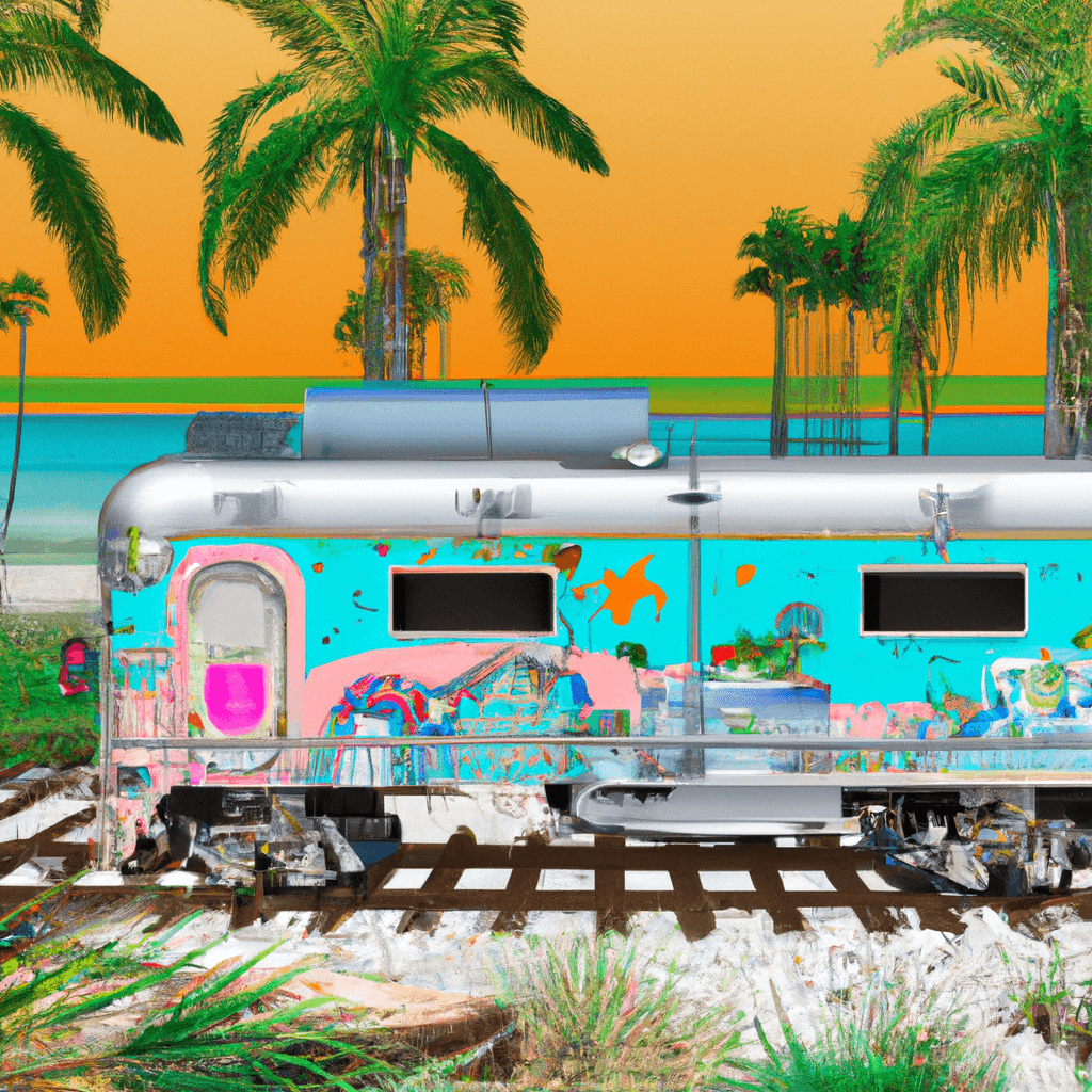 Wohnmobil in Florida-Landschaft mit Palmen, Flamingos und Meer