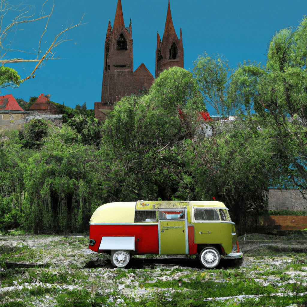 Camper auf sanfter Hanglage, am Elba Fluss, bei rotblättrigen Bäumen und historischen Kirchen.