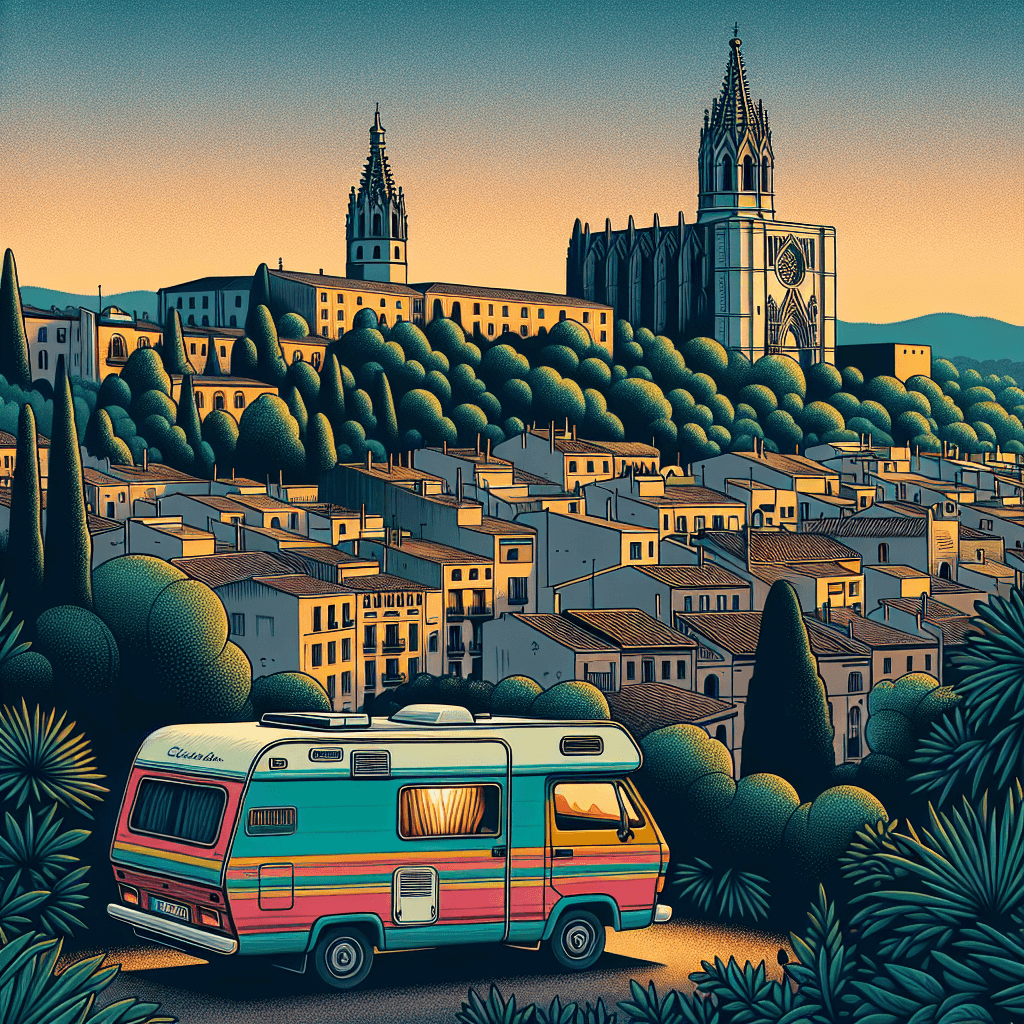 Colourful camper at twilight in lush Girona landscape