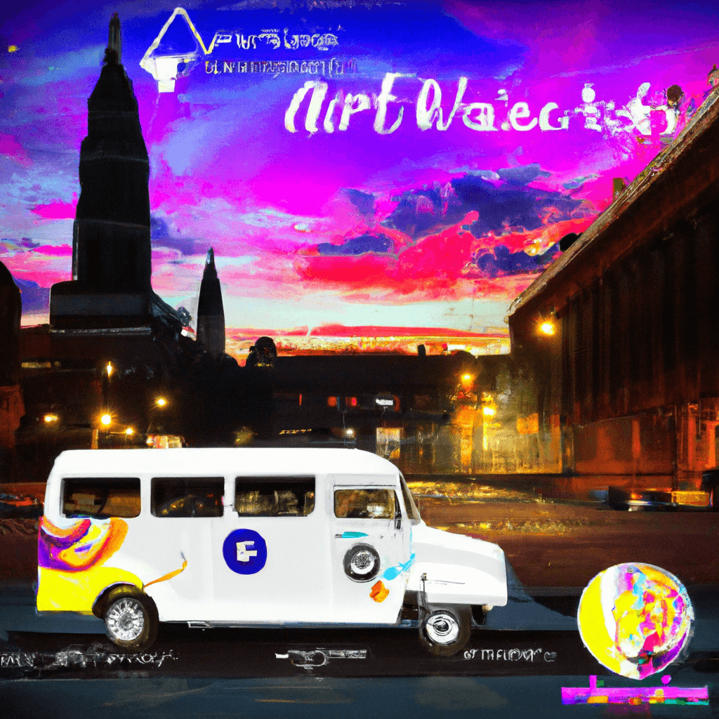 Camper van in Glasgow with city landmarks, lush meadows