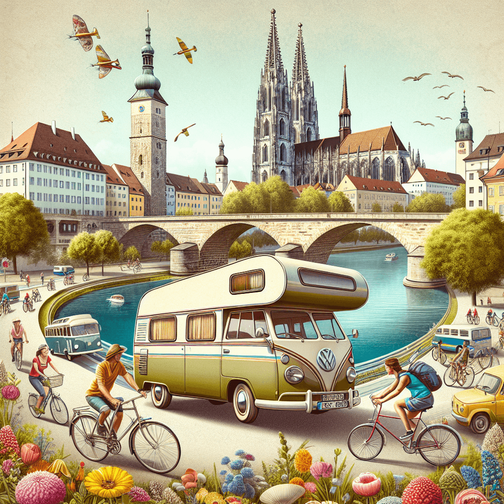 Campervan amidst Regensburg architecture, cyclists and flowers