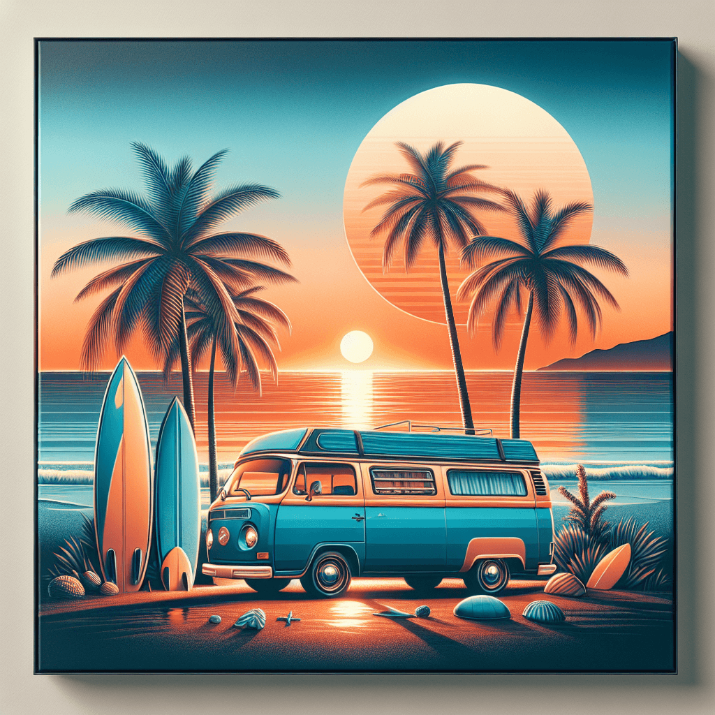 Campervan, surfboards, seashells, and sunset at Gold Coast