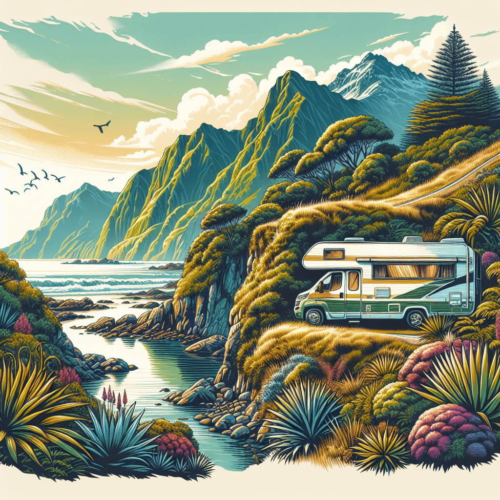 Camper amidst Greymouth's coastal cliffs, forests and Southern Alps