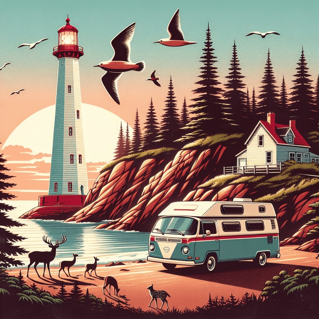 Campervan at Halifax coastline, dusk, lighthouse, deer, seabirds