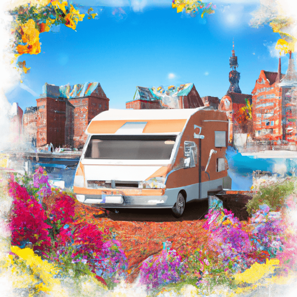 Camper am Ufer der Elbe, Elbphilharmonie, Blumen, Ziegelgebäude