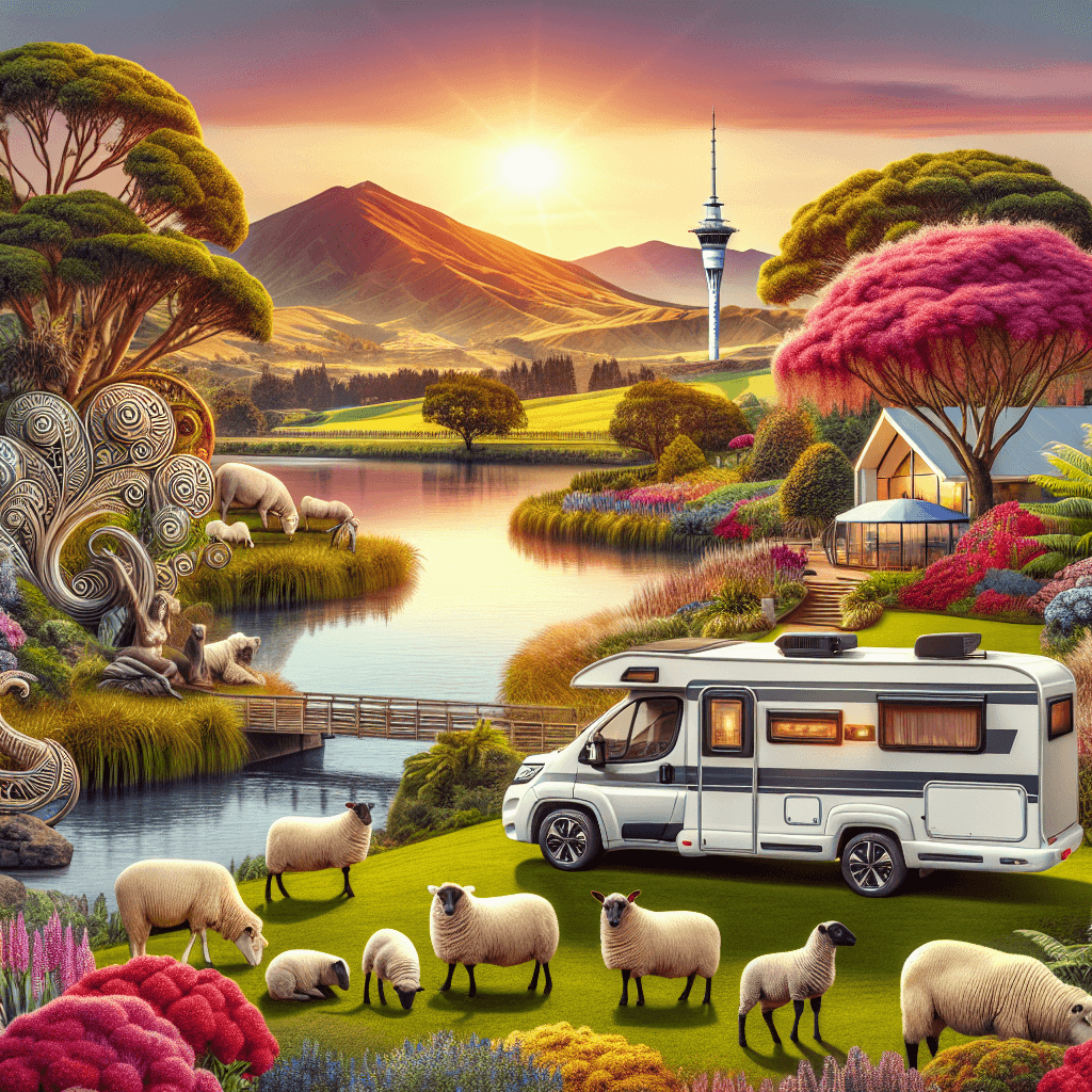 Campervan near Waikato River with sheep, Maori sculptures and Kowhai tree
