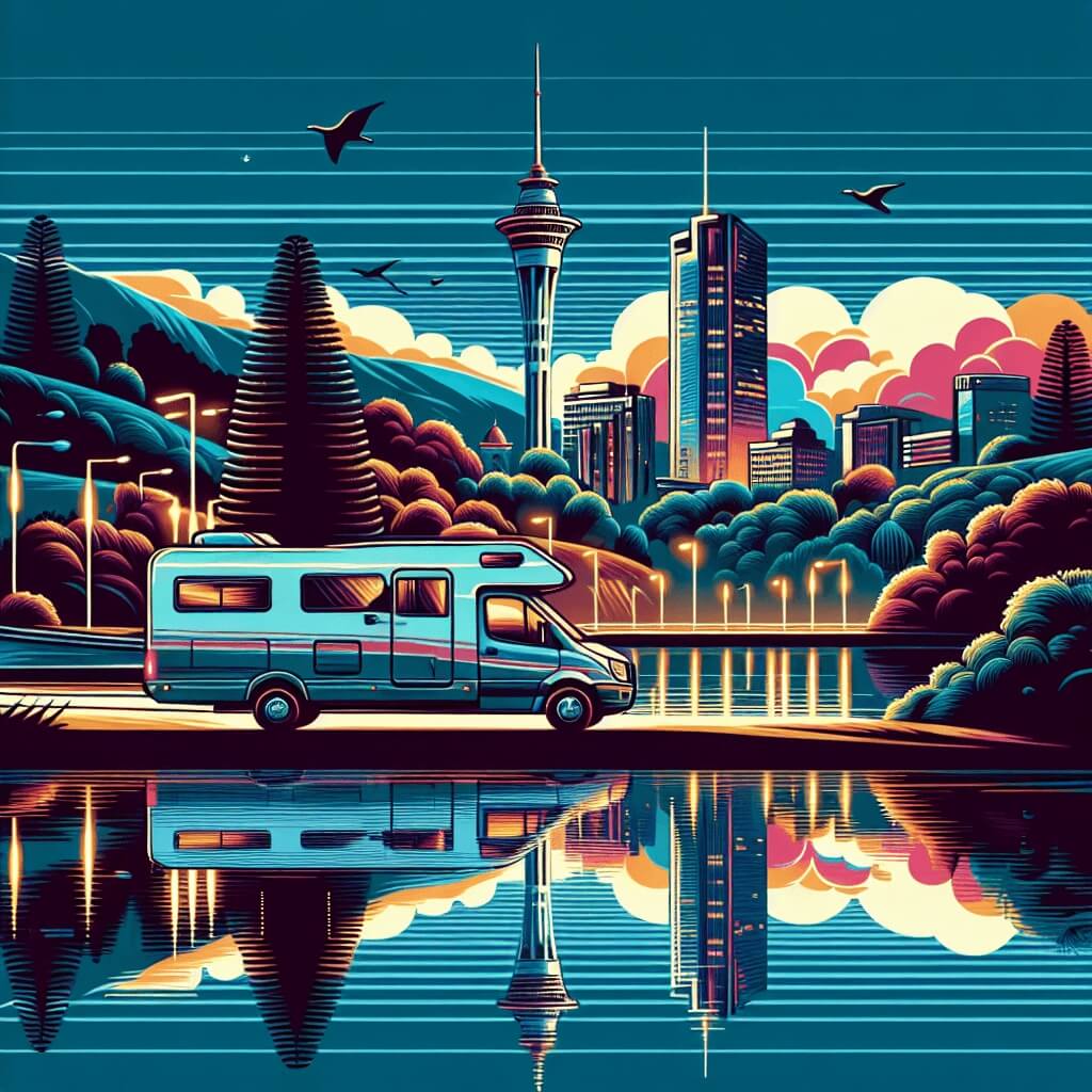Campervan before Skytower, city lights, and lush greenery