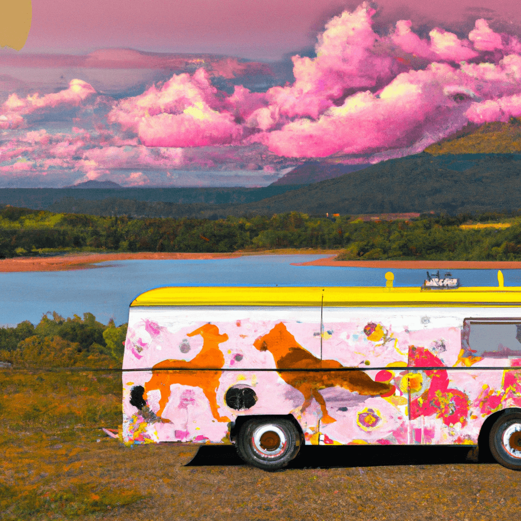 Camper in Scotland with hills, loch, playing dog and sunset