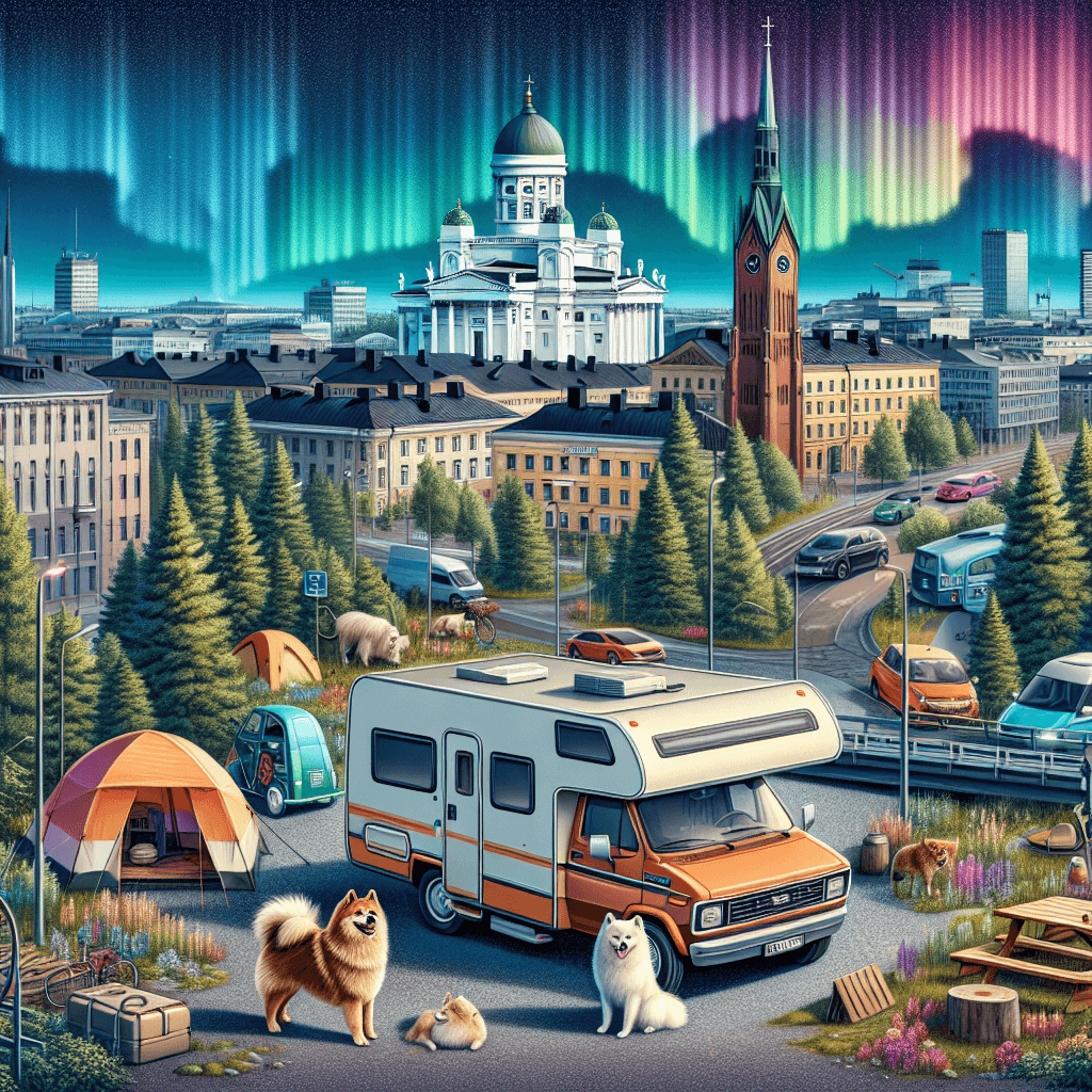 A vibrant campervan amid Helsinki landmarks, sauna, Finnish Spitz, and Northern Lights