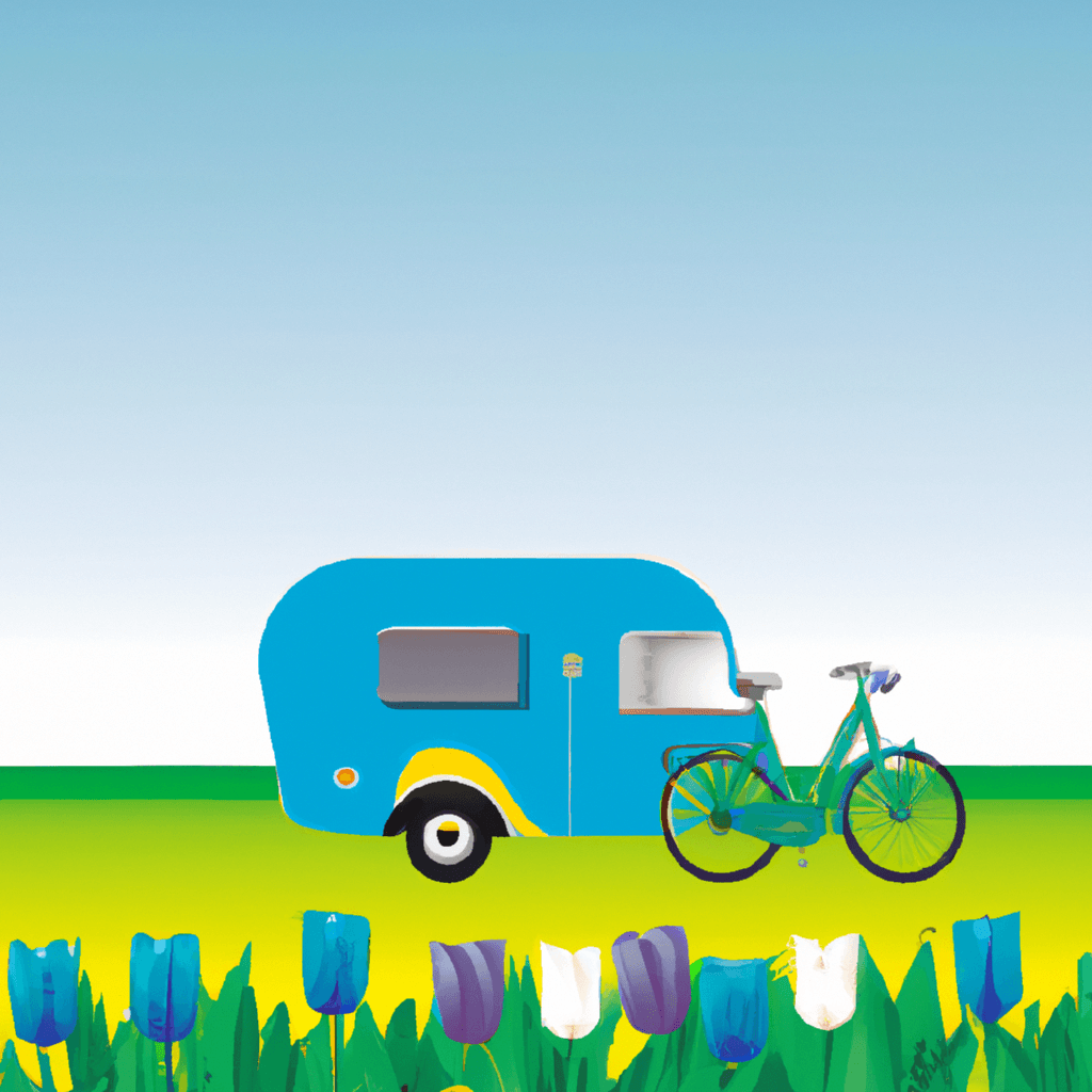 Camper azul, tulipanes amarillos, molinos y bicicletas en Holanda