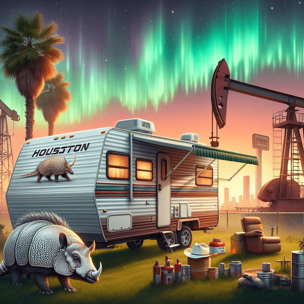 RV in Houston landscape with sunset, armadillo and northern lights
