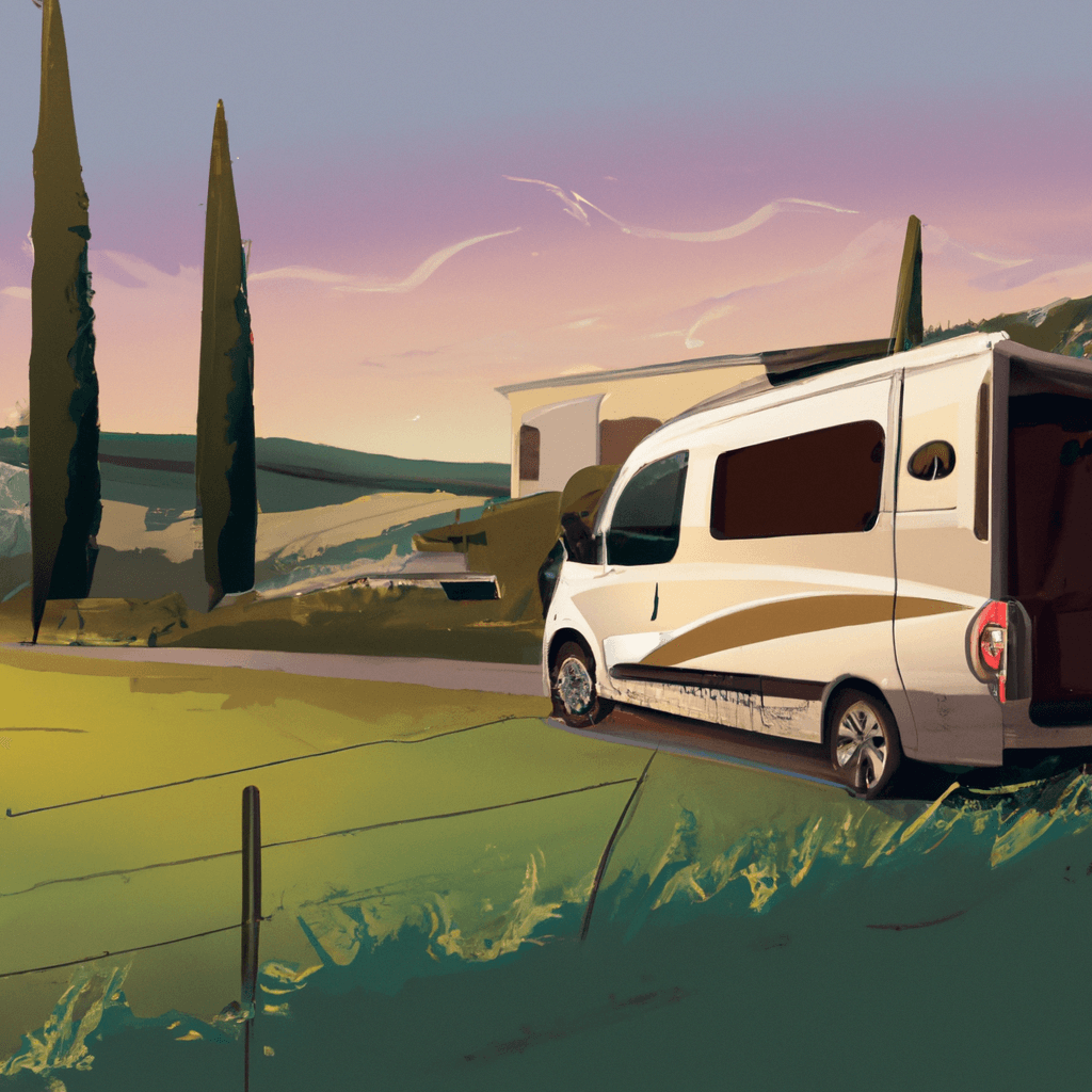 Camper in italienischer Landschaft, Picknicktisch mit Essen, Sonnenuntergang