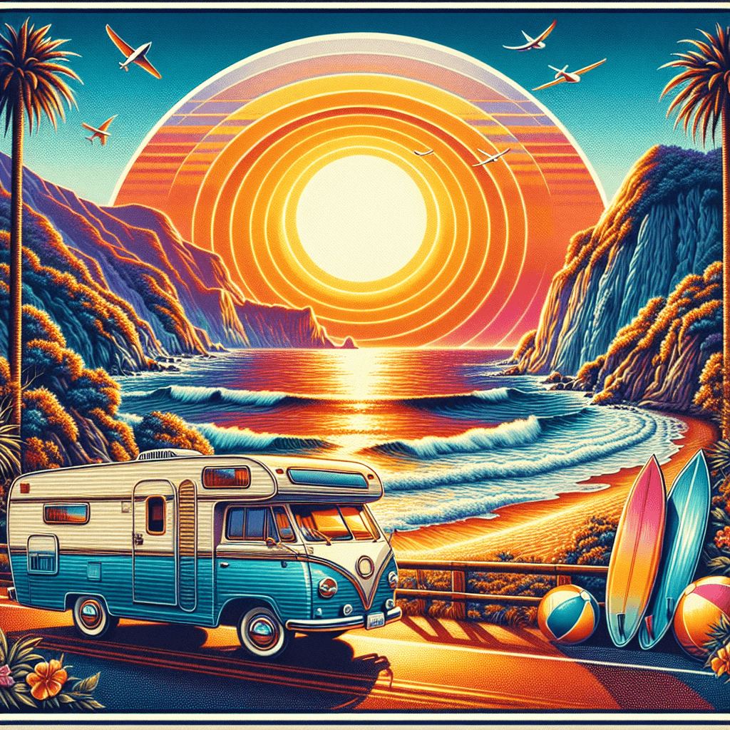 Vintage RV on coastal road with surfboards and sunset