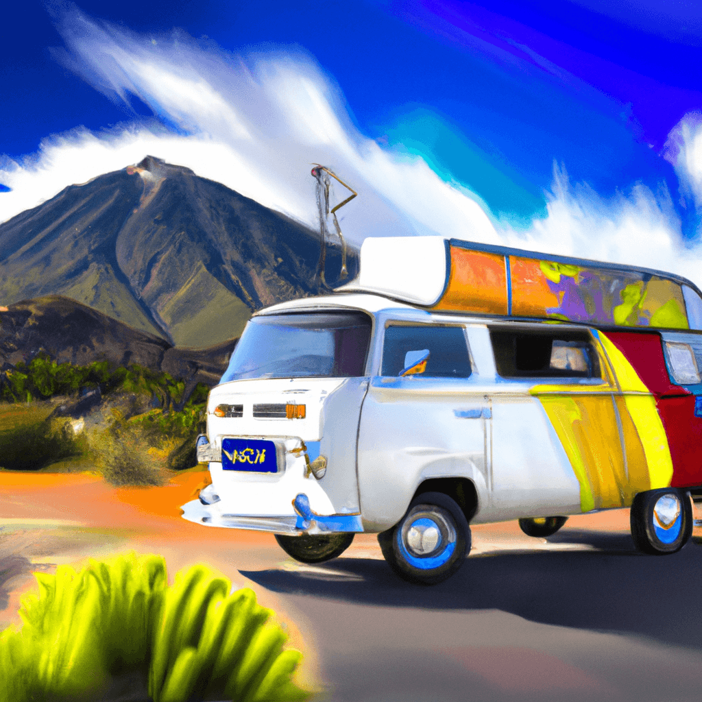 Camper at Tenerife with palm trees, volcano, and flamingos