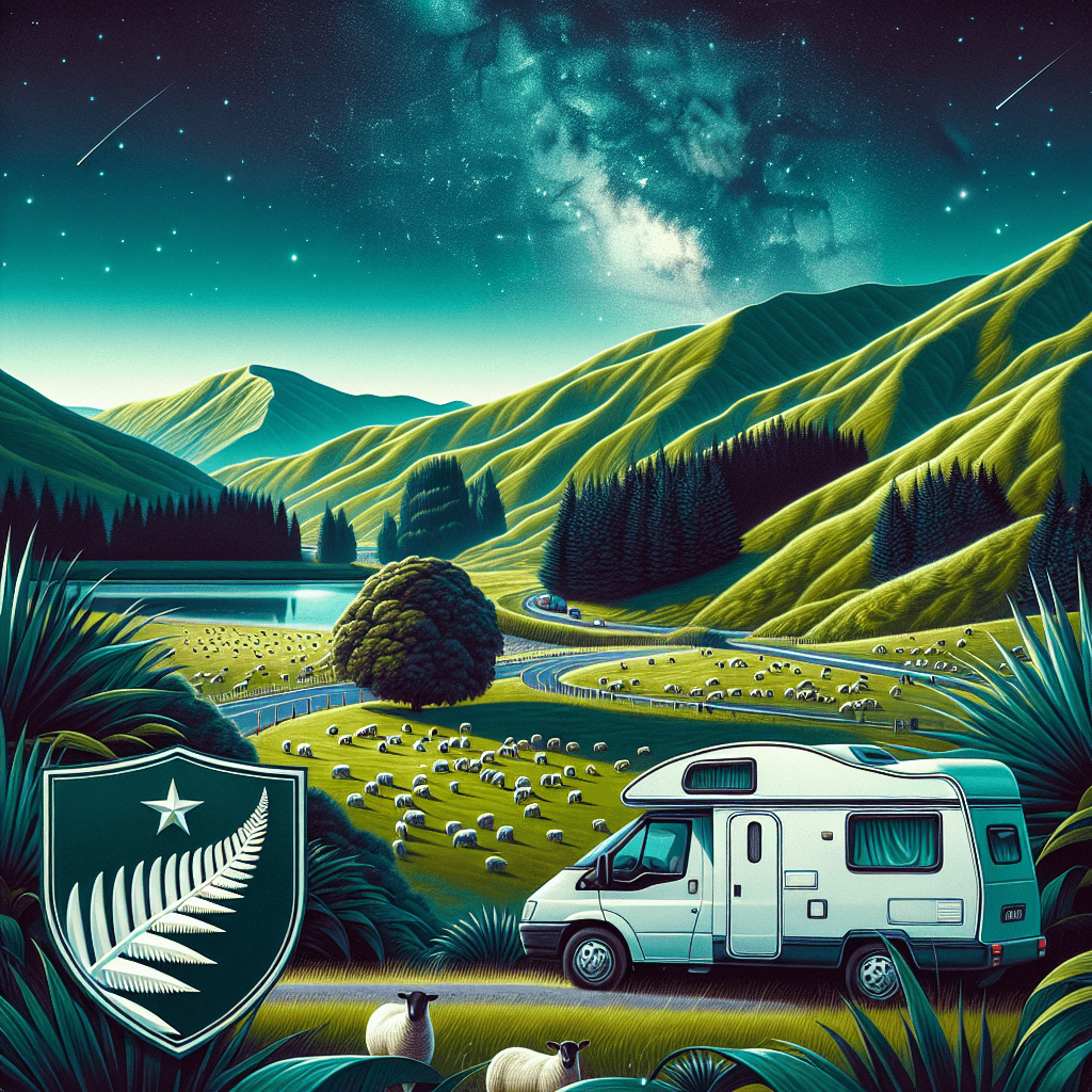 Camper van in lush New Zealand setting, silver fern, starlit sky