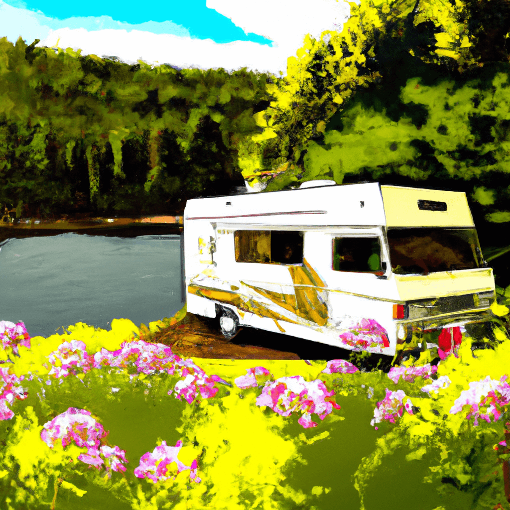 Camper am ruhigen See umgeben von Kiefern und Wildblumen