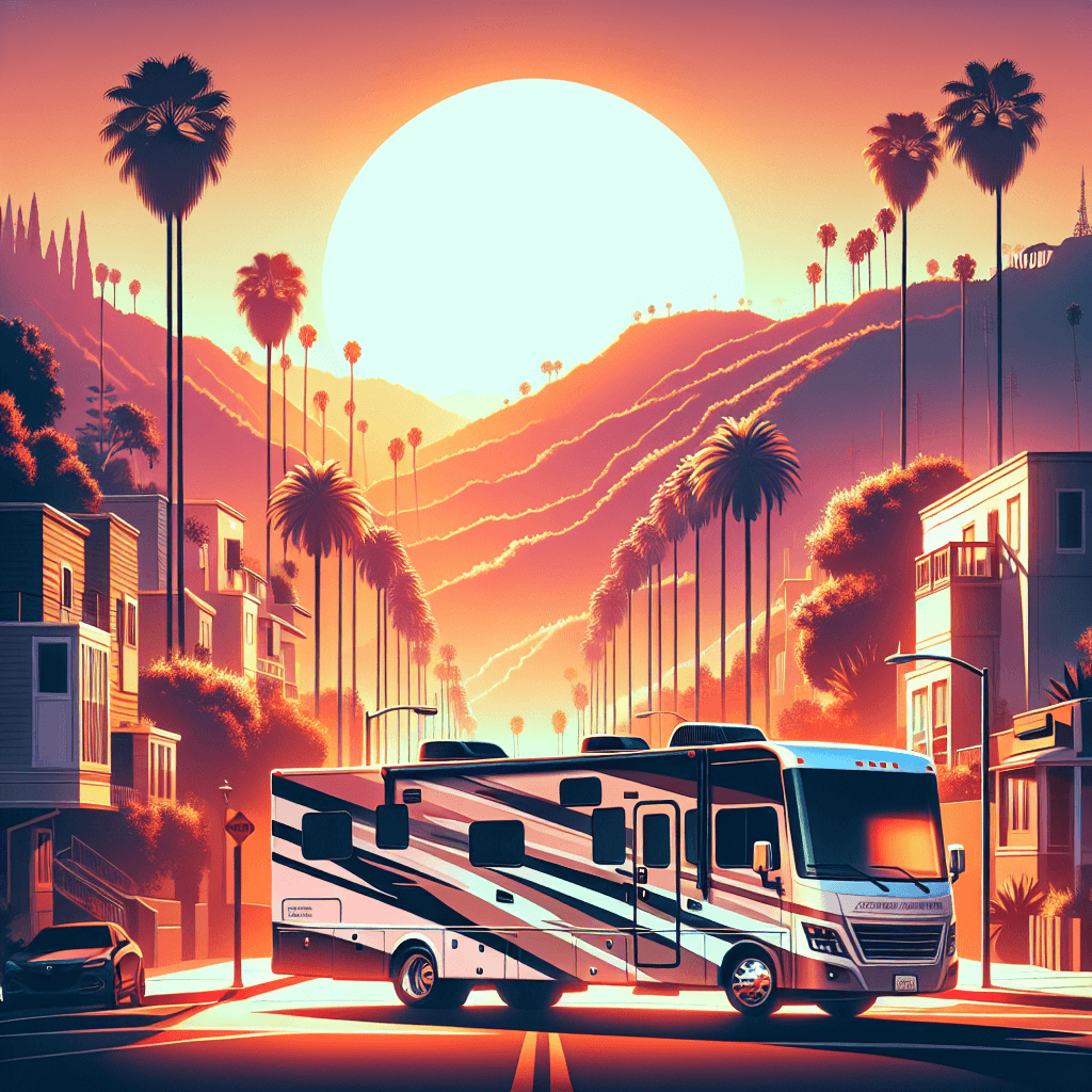RV in LA landscape with palm trees and Hollywood hills