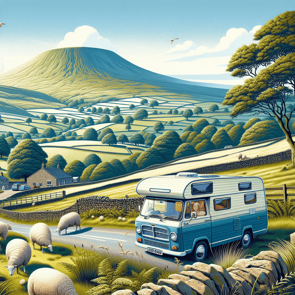 Cheerful camper surrounded by grazing sheep and rolling Lancashire hills
