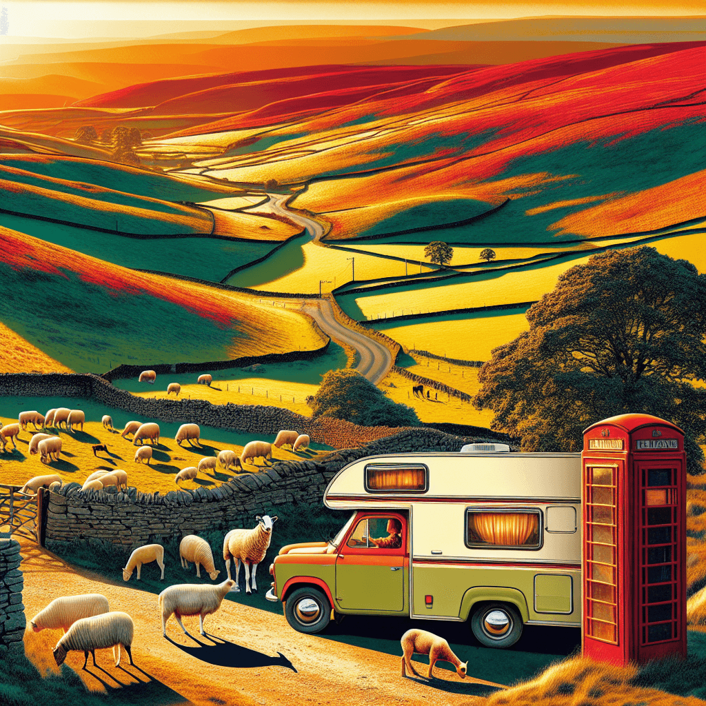 Classic camper with grazing animals, telephone booth and Lancaster hills bathed in sunset glow for hire.