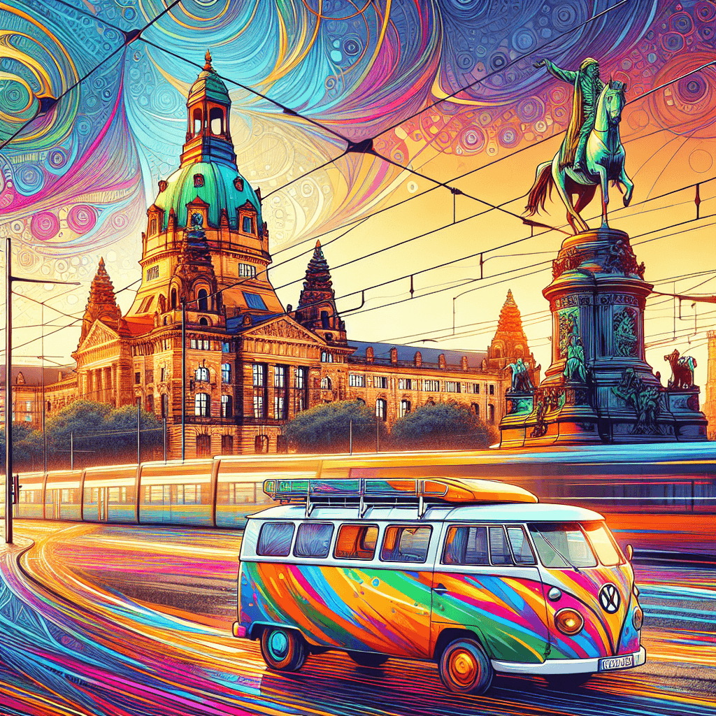 Colourful campervan in iconic Leipzig setting, featuring university and monument