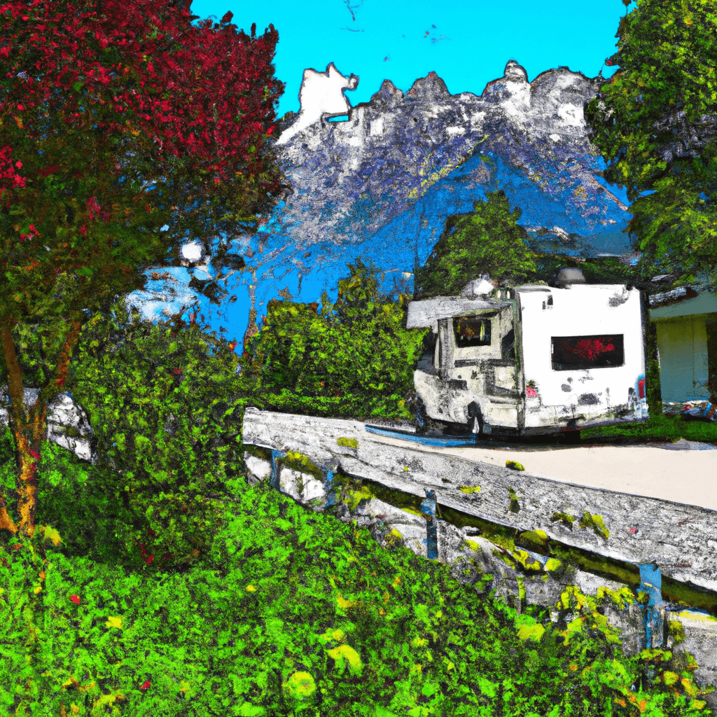 Autocaravana, prados floridos, árboles, camino de piedra, Leutkirch