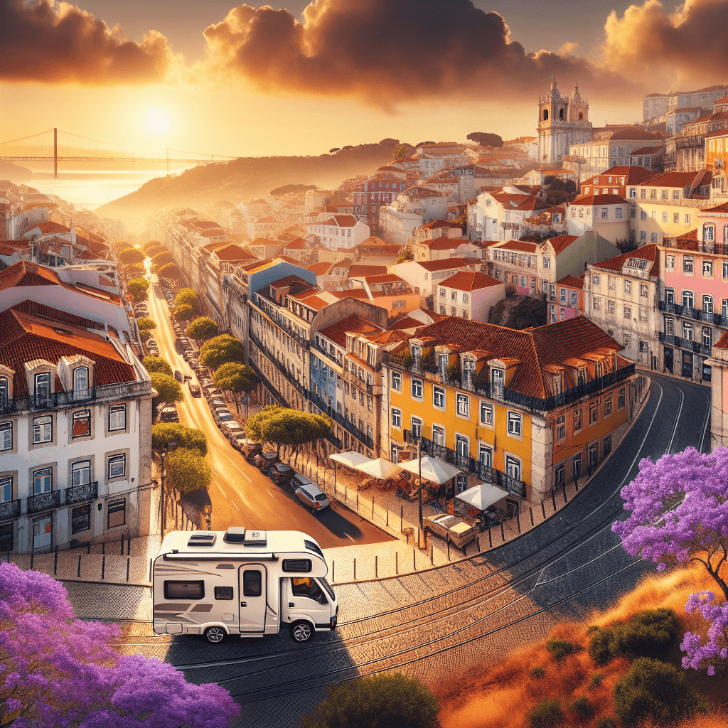 rented Campervan at viewpoint over sunset-lit Lisbon with blooming Jacarandas