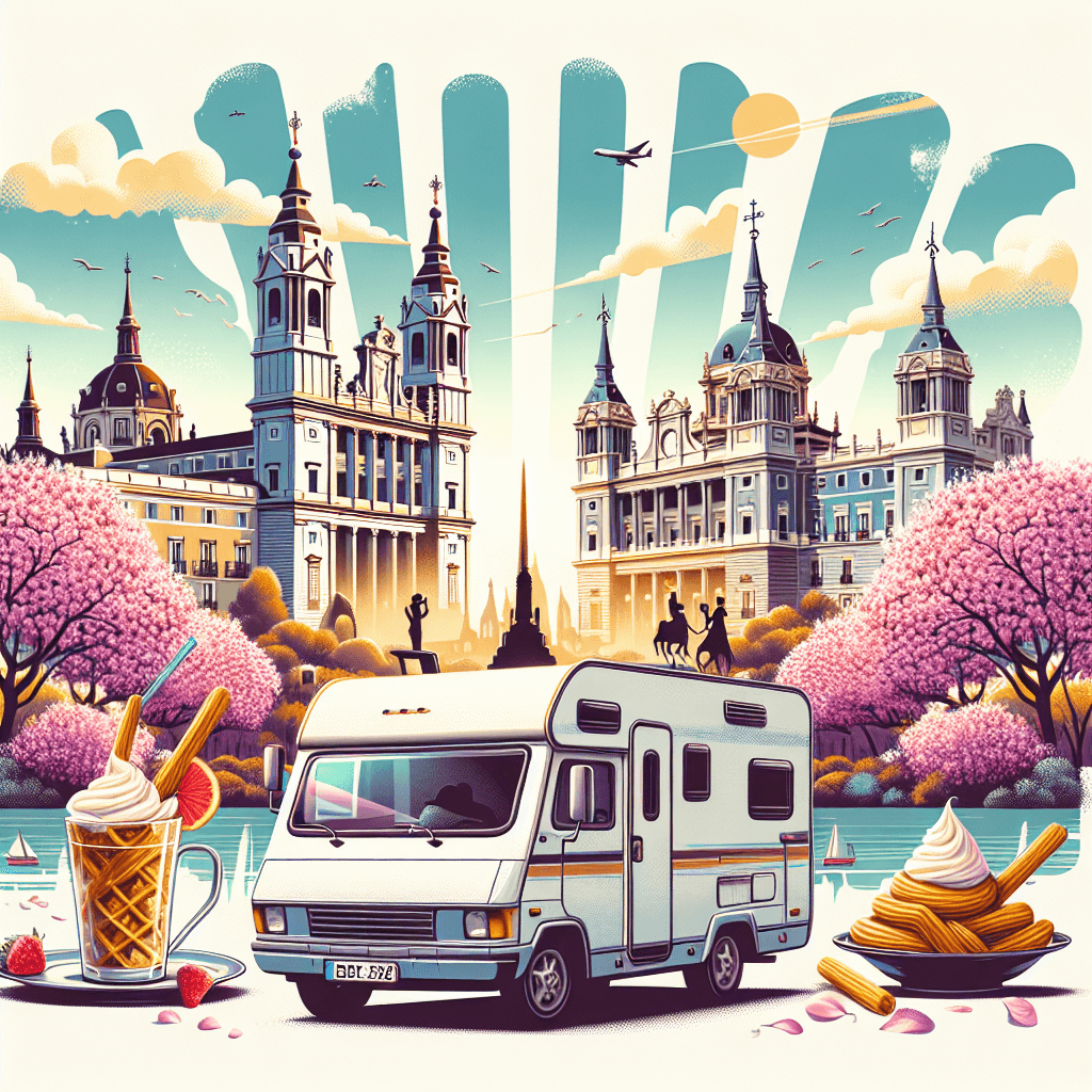 Campervan rental in Madrid with skyline, cherry blossoms, and churros