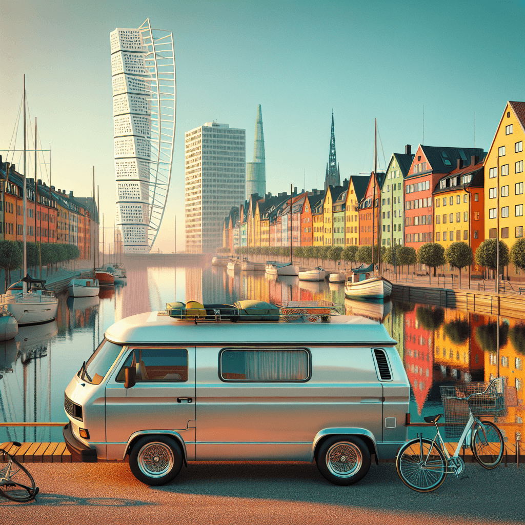 Campervan with bike rack near Malmo's vibrant houses and canals.