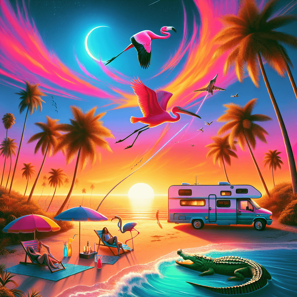 RV on Miami beach with flamingo, alligator, and playful dolphin