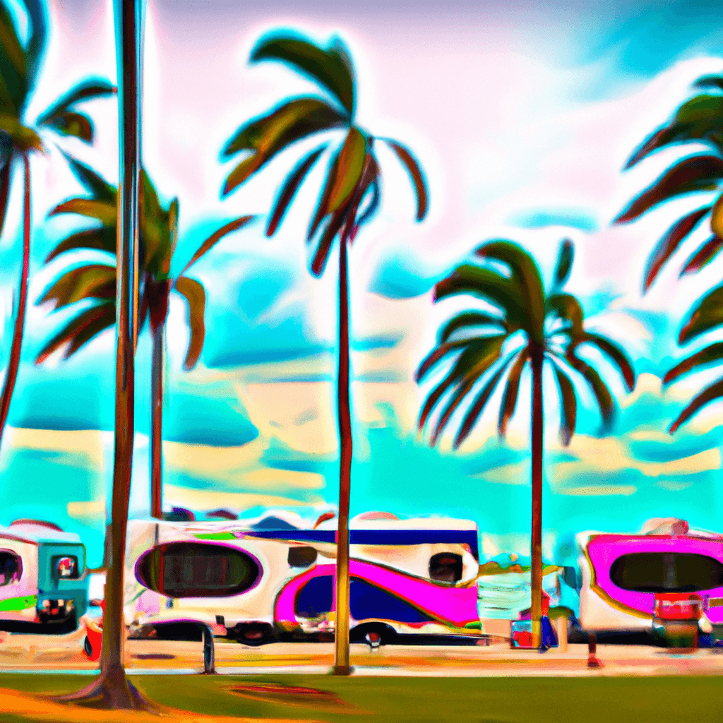 Wohnmobil auf buntem Miami-Hintergrund mit Badegästen und Yachten