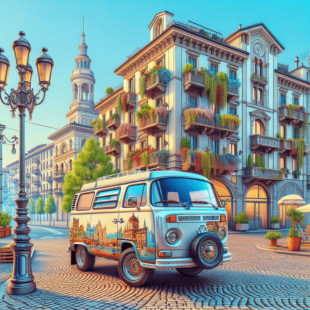Camper on cobbled streets, surrounded by Milanese architecture and flora.