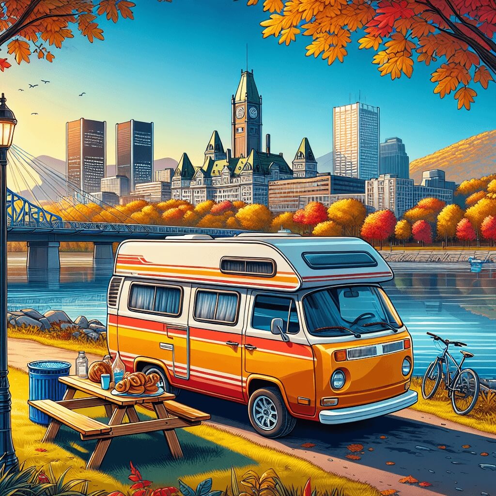 Campervan near river, city skyline, cyclist, bagels on table, Mount Royal park fall foliage