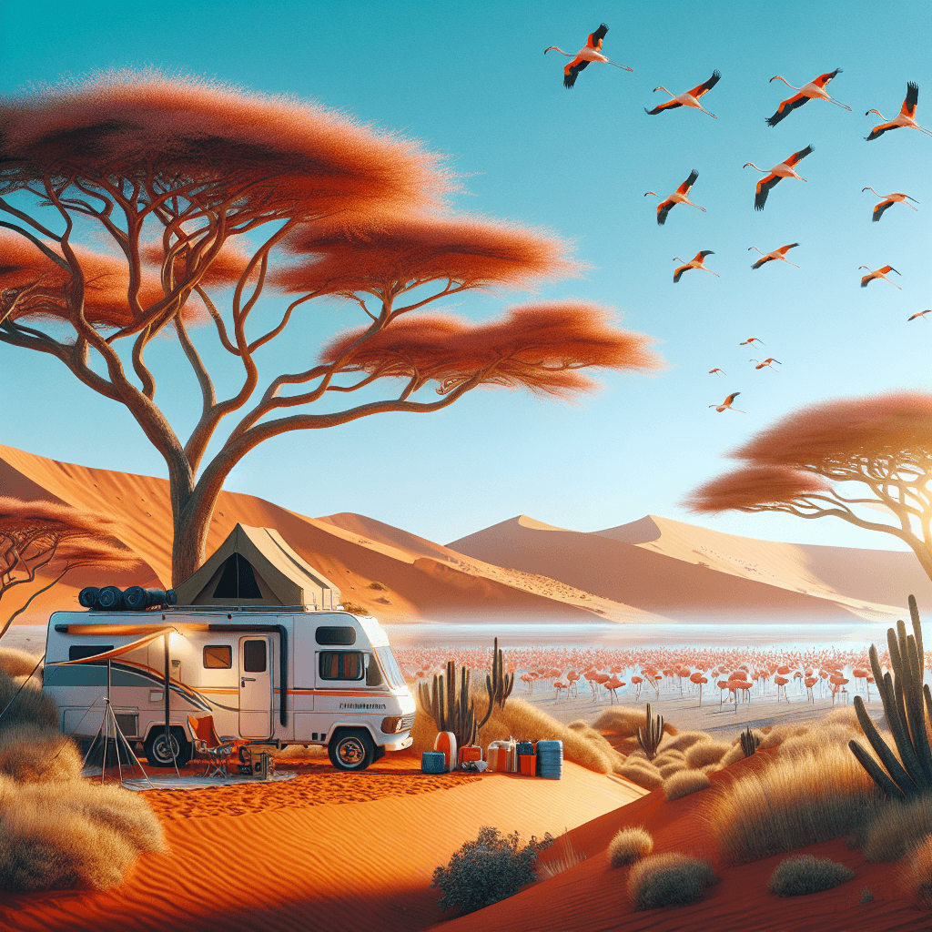 Camper amidst Namibia's dunes, acacia trees, distant flamingos
