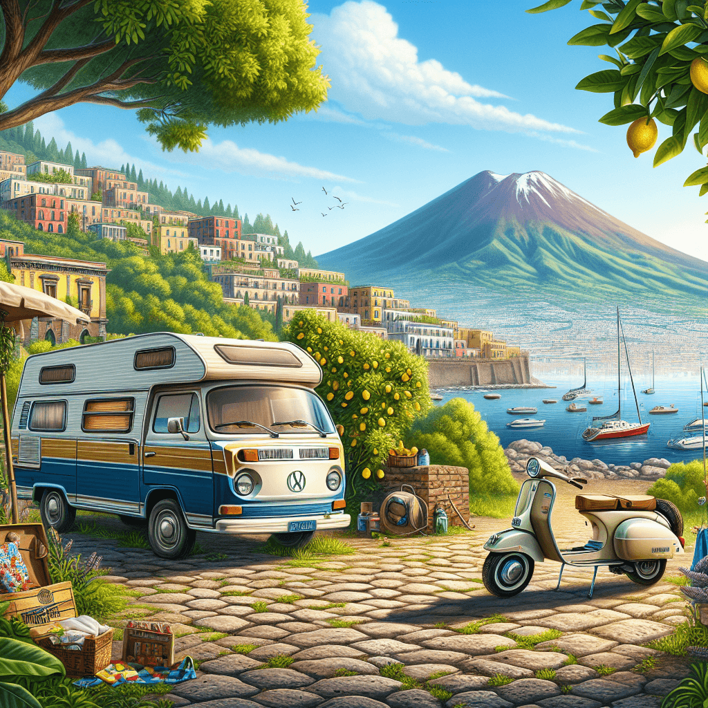 Colourful digital art scene featuring Naples Bay, Mt. Vesuvius, campervan, Vespa and lemon grove