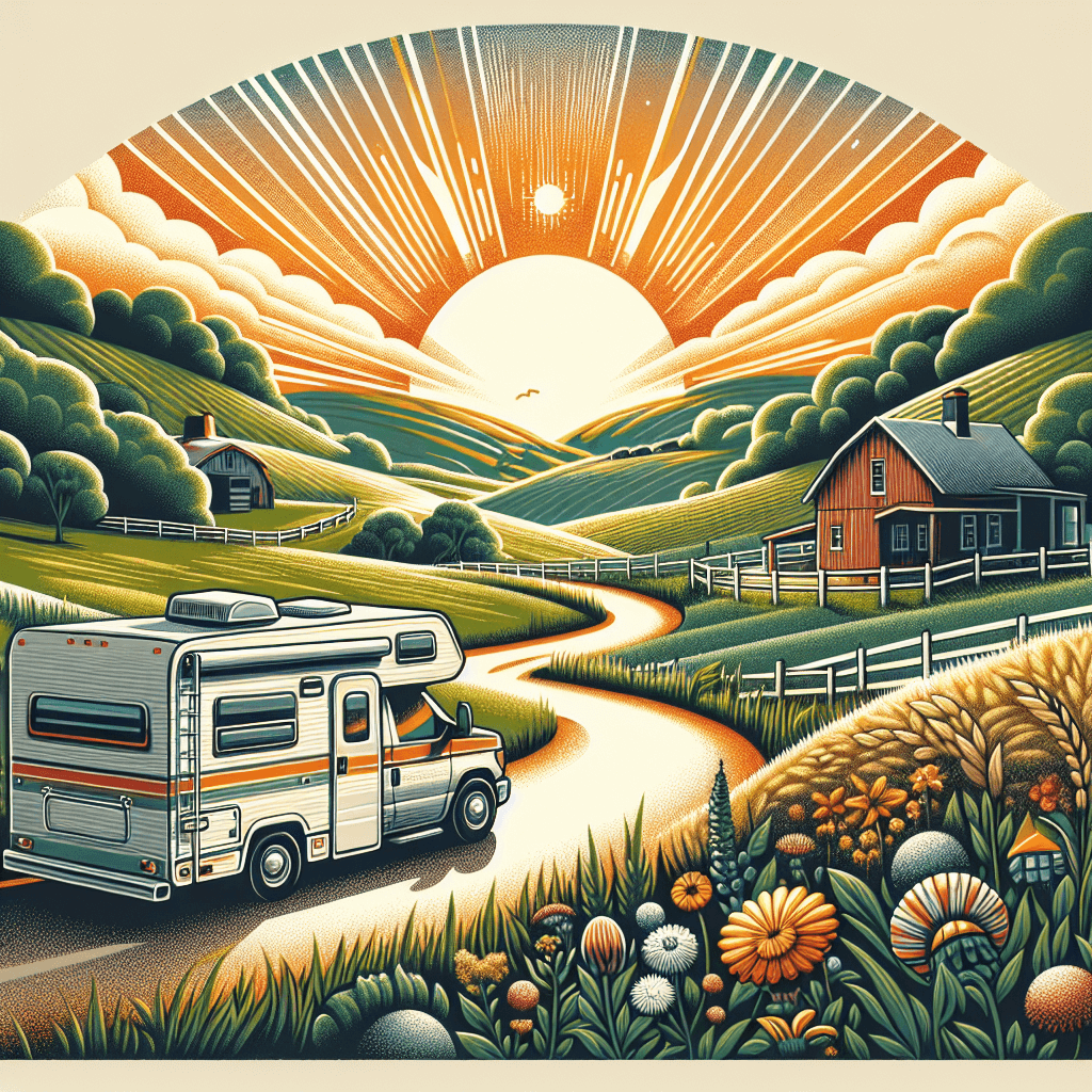 RV in scenic Nashville countryside with sunset, hills, farmhouse, wildflowers and dirt road