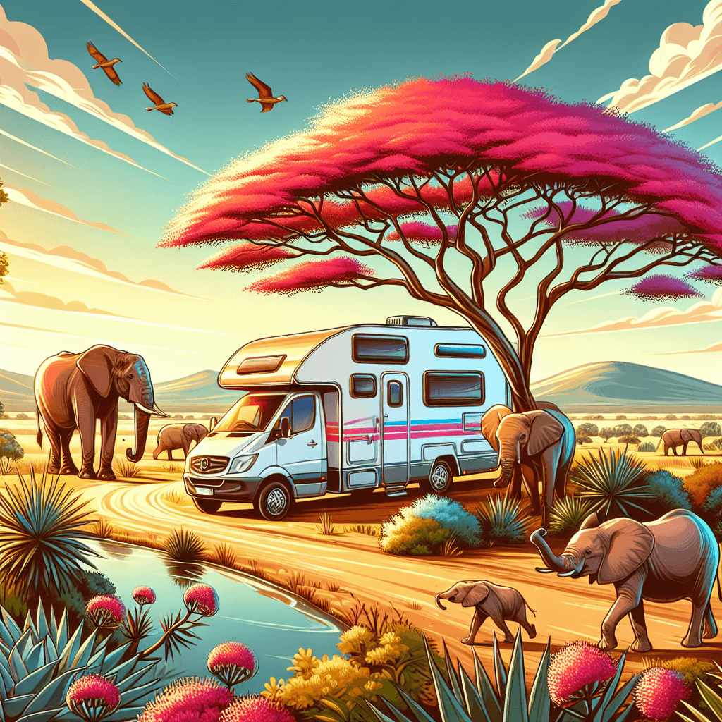 A camper amidst vibrant marula trees and elephants in Lowveld 