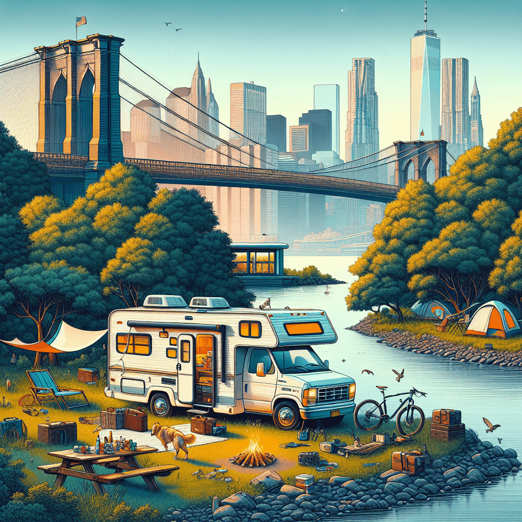 RV in New York by river, picnic, dog, bicycle, and iconic skyline