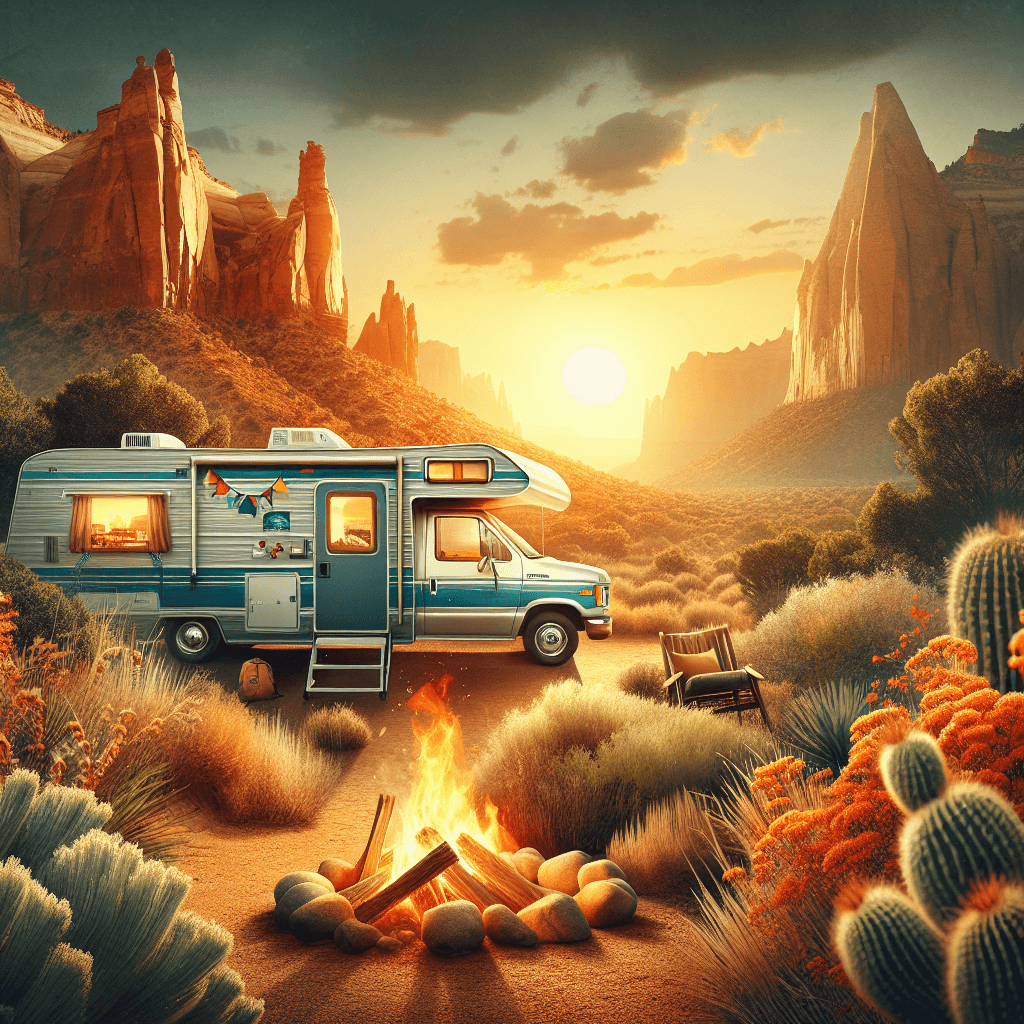 RV amidst typical New Mexico landscape, featuring a campfire, native flora, and sunset-tinted cliffs