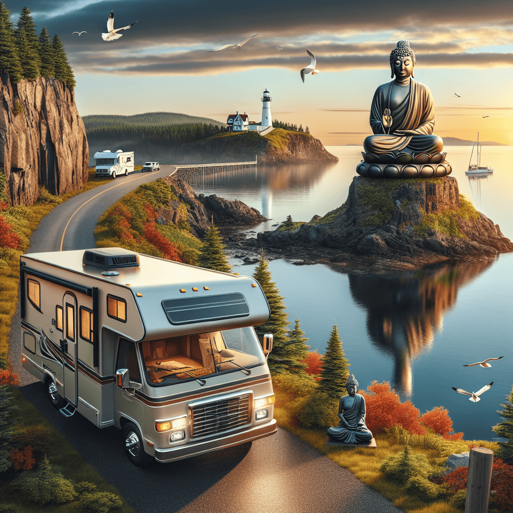 Camper, Buddha statue, seagulls, lighthouse, Autumn-foliage by coastline sunrise