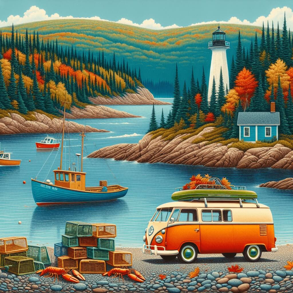 Campervan amidst Nova Scotia's lighthouse, fishing boat, lobster traps, and autumnal forests