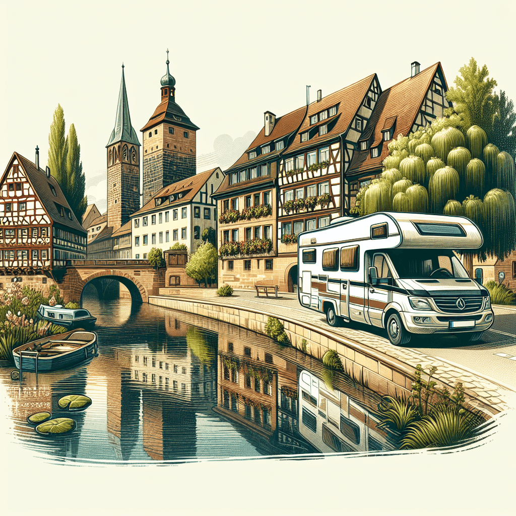 Cheerful campervan amidst Nuremberg's medieval architecture and green scene