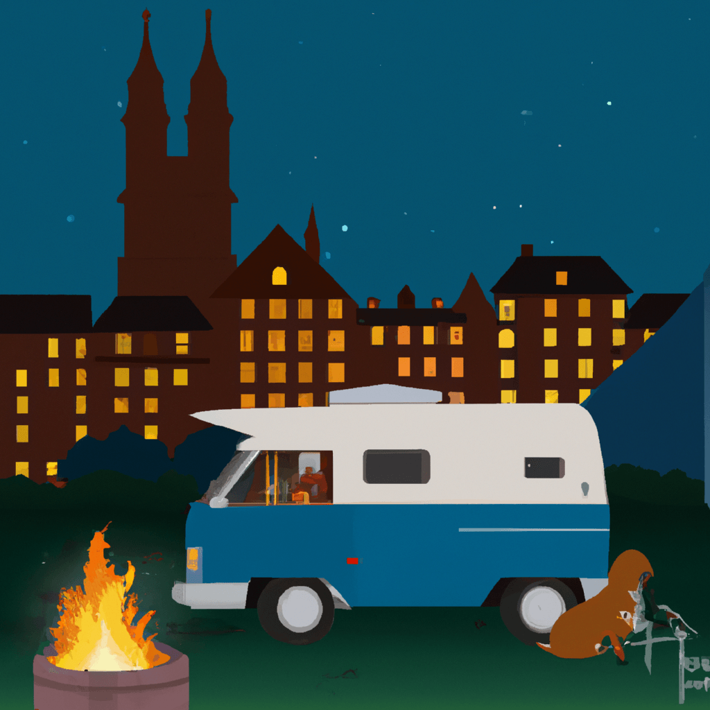 Camper in Nürnberg, Menschen und Hunde genießen Lagerfeuer